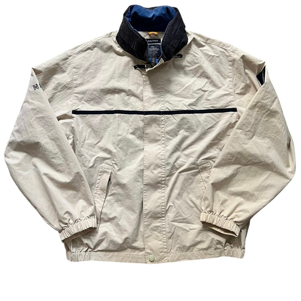 Vintage 90s Nautica NS-83 Beige Navy Hooded Windbreaker Jacket XXL Mesh Lined - Picture 5 of 8